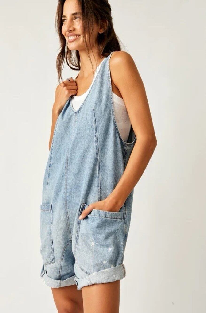 Free People High Roller Denim Short Overalls Women Size M